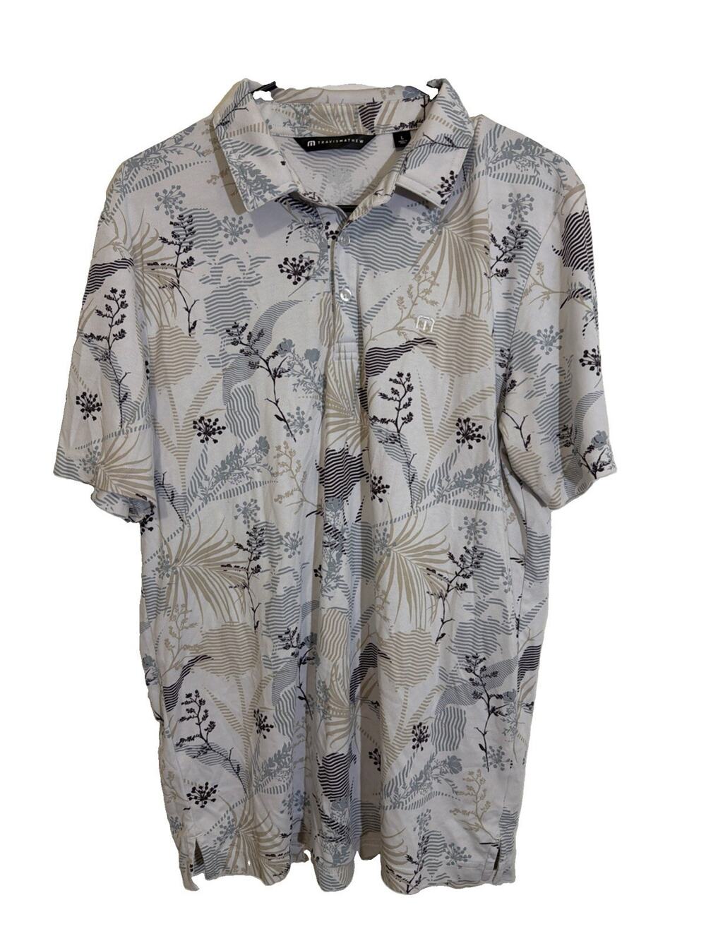 Travis Mathew Polo Shirt Mens L Gray Floral Golf Performance Knit Short Sleeve